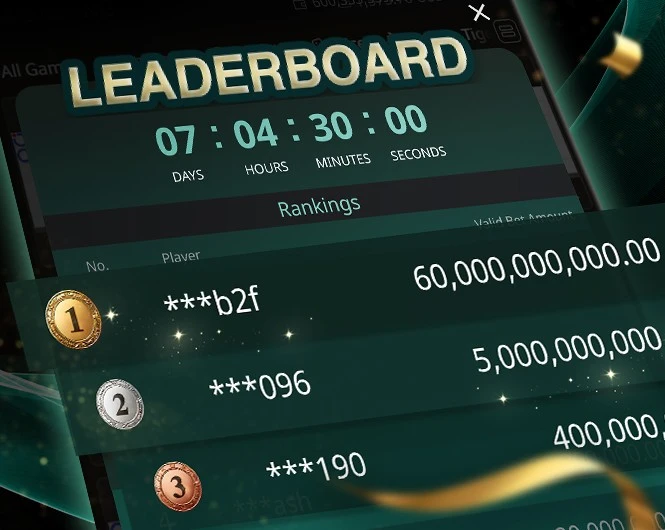SA Gaming casino leaderboard showing top players and bet amounts, with a countdown timer and gold, silver, bronze rewards.